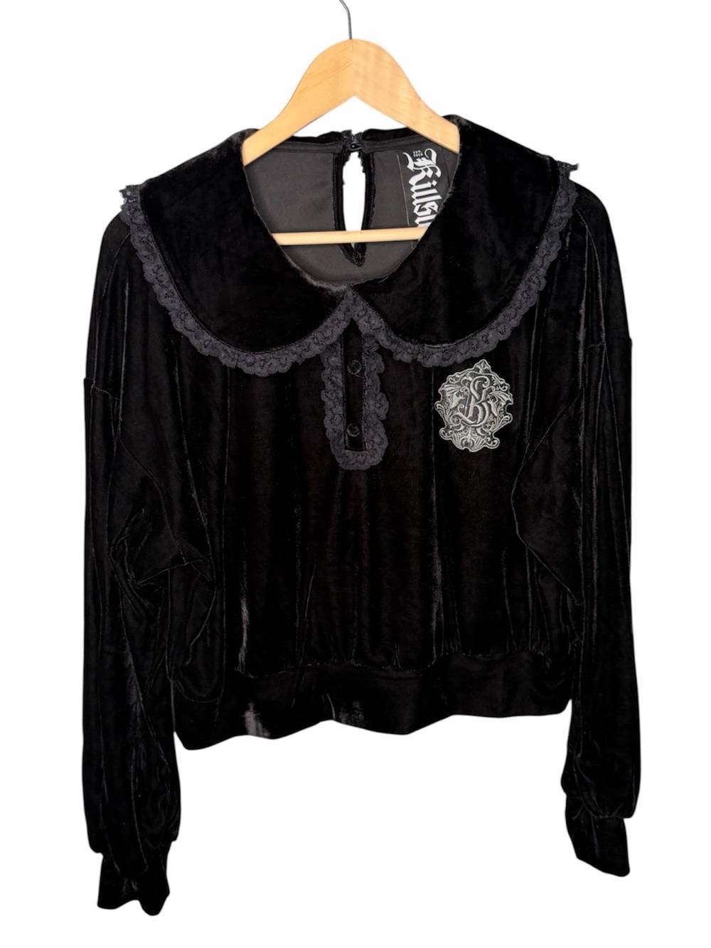 KILLSTAR Black Velvet Peter Pan Collar Lace Trimmed Blouse - Picture 2 of 12